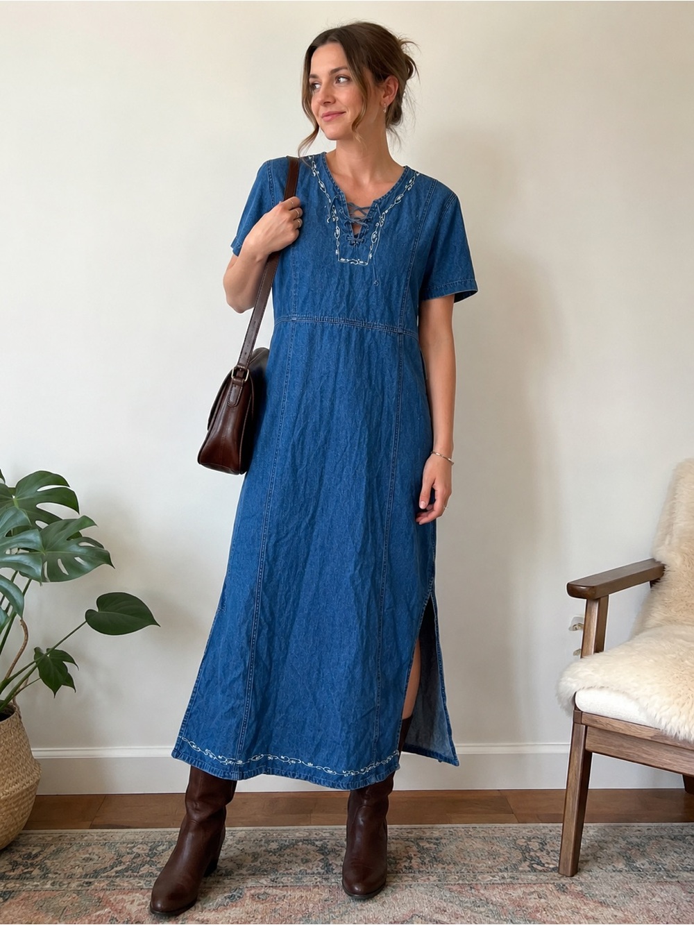 Vintage Casual Blue Denim Lace-Up Maxi Dress